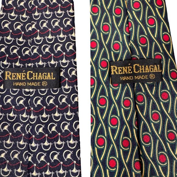 2 X Rene Chagal Men Handmade Necktie Tie Myung Ju Silk Black Red Foulard 56x3.75 - Picture 6 of 9